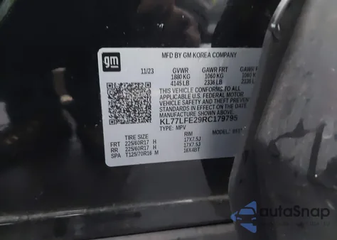 2024 Chevrolet Trax Fwd Sp z USA, uszkodzony, nr VIN KL77LFE29RC179795